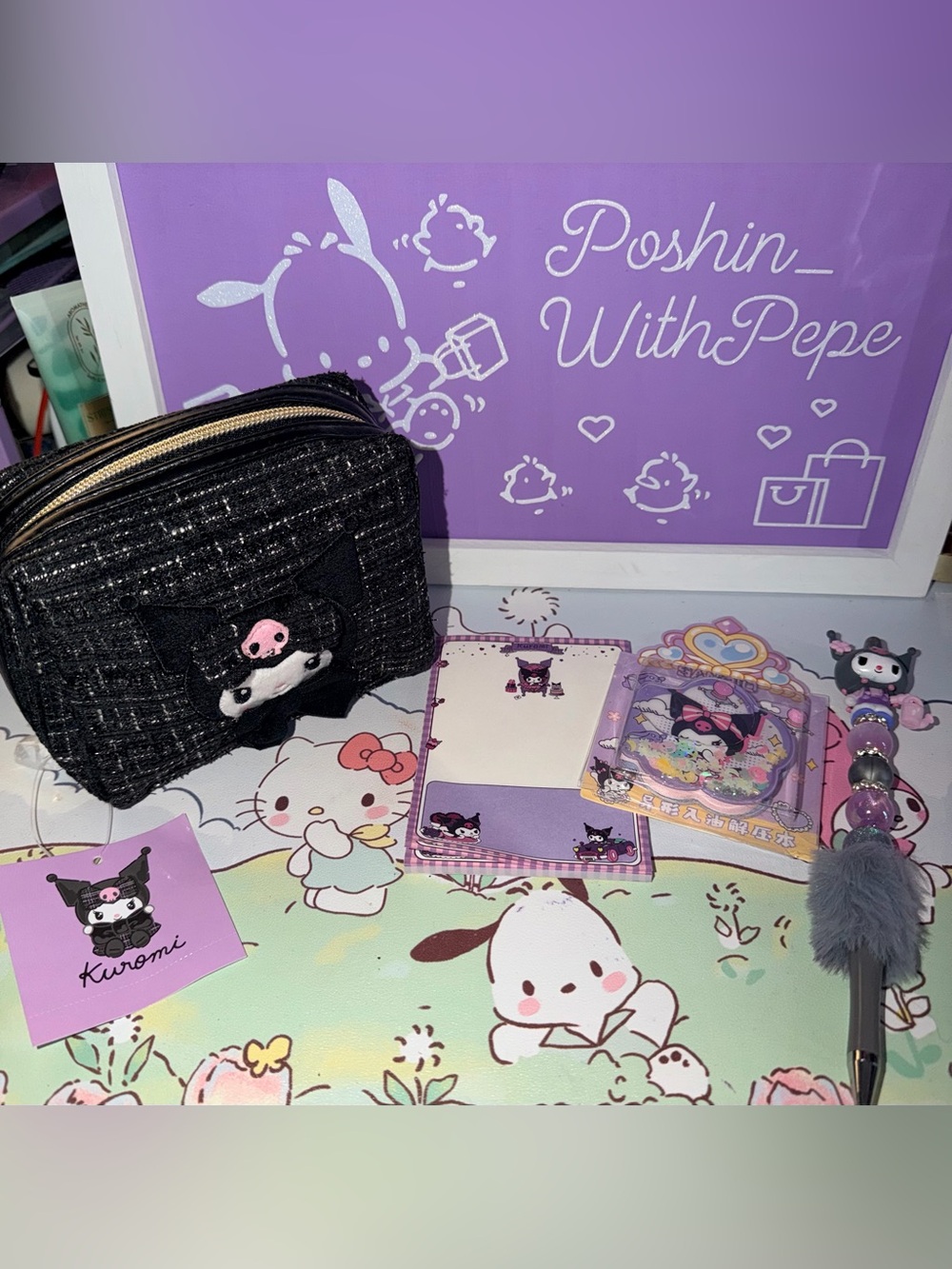 💜NWOT Sanrio Kuromi Black Tweed Cosmetic Pouch with extras bundles